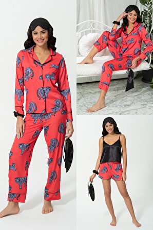7'li Kaplan Desen Kırmızı Saten Pijama Takımı