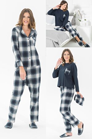5'li Terlikli Lacivert Ekoseli Siyah Pijama Takımı