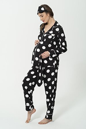 5'li Viskon Puantiyeli Siyah Hamile Pijama Takımı