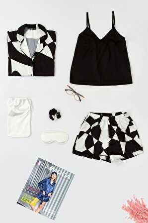 6'lı Desenli Siyah Beyaz Saten Pijama Şort Takım