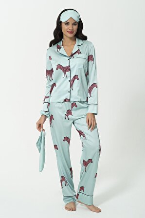 6'lı Zebra Desen Yeşil Saten Pijama Takımı
