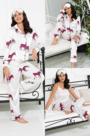 6'lı Zebra Desen Ekru Saten Pijama Takımı