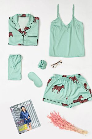 6'lı Zebra Desen Yeşil Saten Pijama Şort Takım