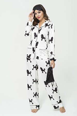 6'lı Köpek Desen Beyaz Saten Pijama Takımı