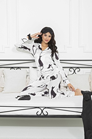 6'lı Kedi Desen Beyaz Saten Pijama Takımı