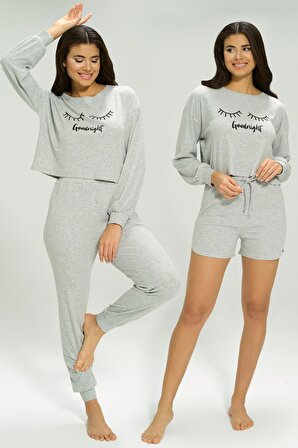 3 lü Ribana Goodnight Baskılı Fitilli Gri Pijama Takımı