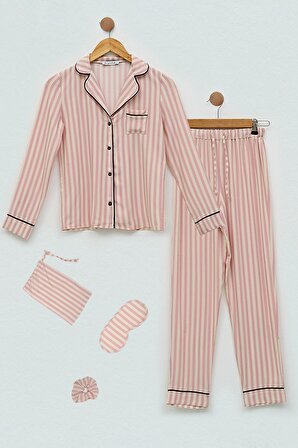 7'li Viskon Biyeli Çizgili Fuşya Pijama Takımı