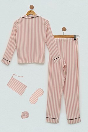 7'li Viskon Biyeli Çizgili Fuşya Pijama Takımı