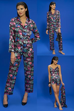 7'li Kaplan Flamingo Desenli Pijama Takımı