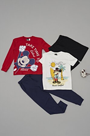 4'lü Mickey Mouse Baskılı Tshirt Şort Pantolon Takım
