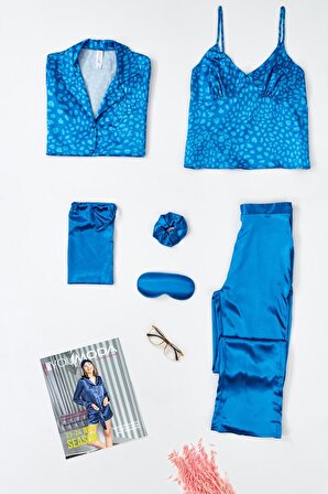 6'lı Leopar Baskılı Mavi Pijama Takımı