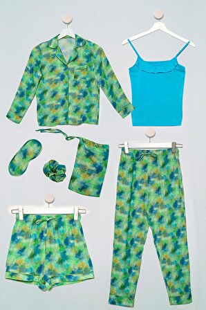 7'li  Biyeli Batik Yeşil Pijama Takımı