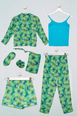 7'li  Biyeli Batik Yeşil Pijama Takımı