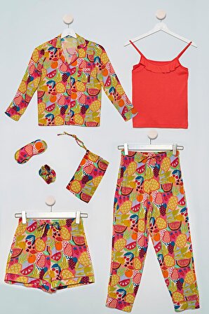 7'li  Biyeli Tropikal Desen Turuncu Pijama Takımı