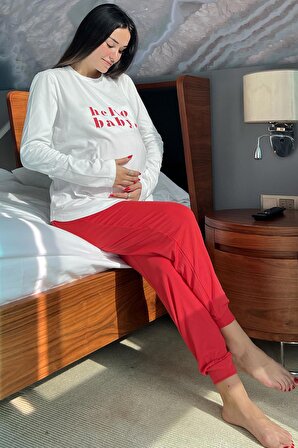 Hello Baby Baskılı Hamile Uzun Kol Ekru Pijama Takımı