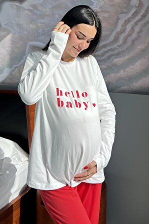 Hello Baby Baskılı Hamile Uzun Kol Ekru Pijama Takımı