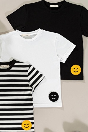 3'lü Emoji Detaylı Siyah Beyaz Çizgili Kız Çocuk Tshirt