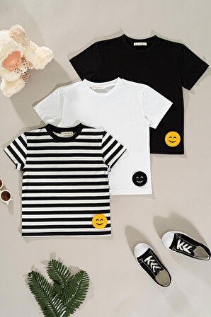 3'lü Emoji Detaylı Siyah Beyaz Çizgili Erkek Çocuk Tshirt