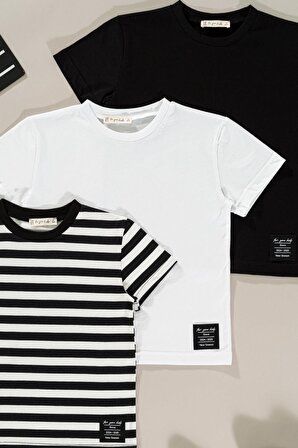 3'lü Etiket Detaylı Siyah Beyaz Çizgili Erkek Çocuk Tshirt