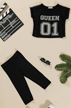 3'lü Queen Baskılı Tshirt Atlet Tayt Siyah Takım