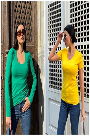 2'li Pamuk Uzun Kol Yeşil ve Kısa Kol Sarı Tshirt