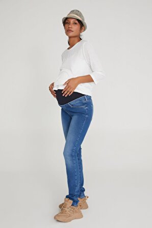 Hamile Jean Likralı Denim Pantolon Slim Fit Açık Mavi 1012 34-ORTA MAVİ