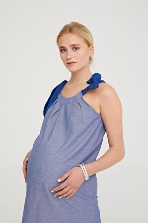 Vavien VAV1070-0002 Cepsiz Normal Mavi Kısa Kadın Hamile Elbise