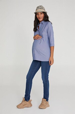 Vavien Cepsiz Normal Mavi Hamile Kadın Gömlek