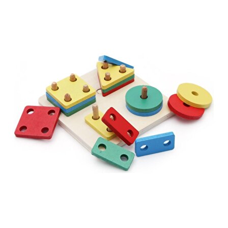 Hamaha Wooden Toys Doğal Ahşap Eğitici Oyuncak Kare 4'lü Sütun Geometrik Şekil
