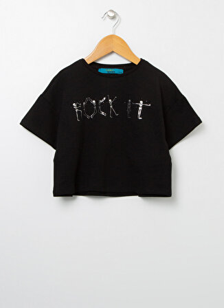 Funky Rocks Bisiklet Yaka Crop Baskılı Siyah Kız Çocuk  T-Shirt - Drg-21