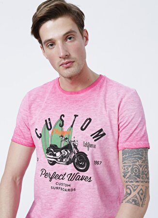 Limon Bisiklet Yaka Baskılı Fuşya Erkek T-Shirt CUSTOM