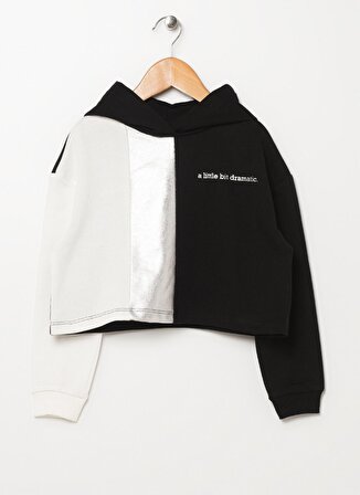 Funky Rocks Siyah Kız Çocuk Kapüşonlu Düşük Omuz Crop Varaklı Sweatshirt PRG-16