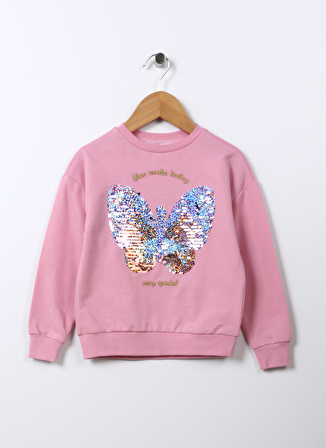 Limon Koyu Pembe Kız Çocuk Bisiklet Yaka Uzun Kollu Payetli Sweatshirt CENTRAL GIRL