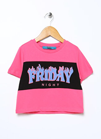 Funky Rocks Fuşya Kız Çocuk Bisiklet Yaka Düşük Omuz Crop Baskılı T-Shirt PRG-01