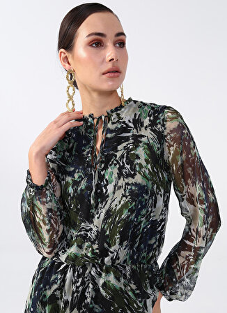 Fabrika Hakim Yaka Desenli Yeşil - Çok Renkli Midi Kadın Elbise YMN-32