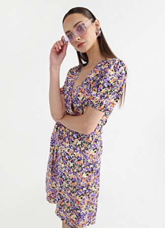 Fabrika Kruvaze Yaka Çiçek Desenli Çok Renkli Mini Kadın Elbise EMMA-2