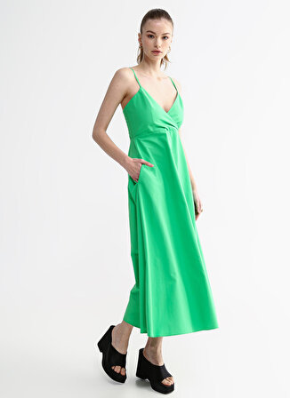 Aeropostale Yeşil Kadın Kruvaze Yaka Askılı Midi Elbise ZEK-Y