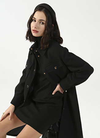 P By Paltoı Siyah Gömlek Yaka Kadın Düz Yün Kaşe Kaban