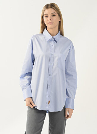 Denim Trip Oversized Gömlek Yaka Düz Mavi Kadın Gömlek DT10060-1 MAVİ