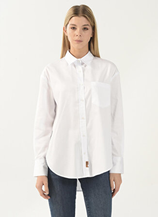 Denim Trip Oversized Gömlek Yaka Düz Beyaz Kadın Gömlek DT10060-2 BEYAZ