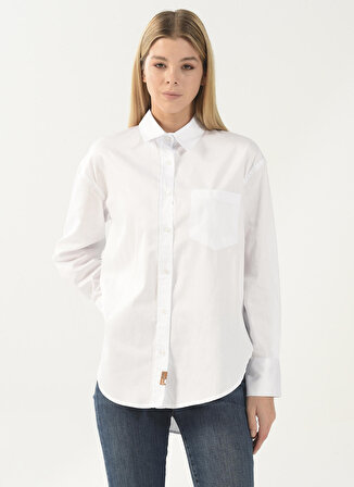Denim Trip Oversized Gömlek Yaka Düz Beyaz Kadın Gömlek DT10060-2 BEYAZ