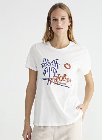 Fabrika Comfort Bisiklet Yaka Nakışlı Beyaz Kadın T-Shirt CM-VANCE