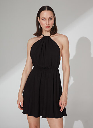 Fabrika Dik Yaka Düz Siyah Mini Kadın Elbise LAFTER