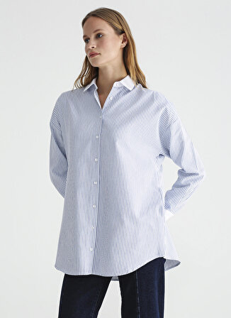 Fabrika Geniş Fit Gömlek Yaka Çizgili Lacivert - Beyaz Kadın Gömlek RONKA-1