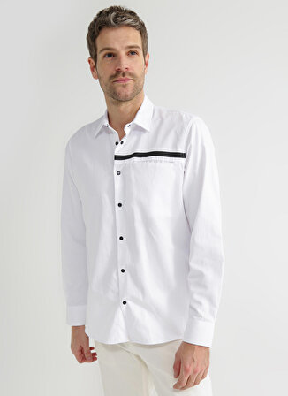 Black On Black Relaxed Gömlek Yaka Baskılı Beyaz Erkek Gömlek E-NORVEC