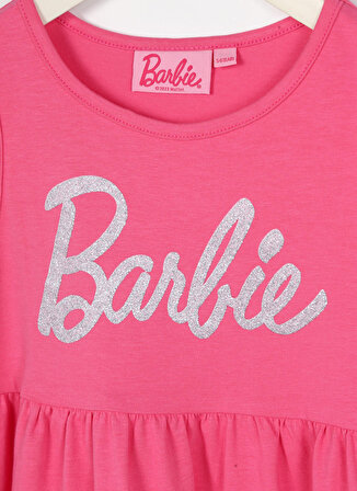 Barbie Fuşya Kız Çocuk Bisiklet Yaka Kolsuz Diz Üstü Baskılı Elbise 23SSB-85