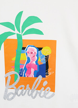 Barbie Ekru Kız Çocuk Bisiklet Yaka Düşük Omuz Oversize Baskılı T-Shirt 23SSB-06