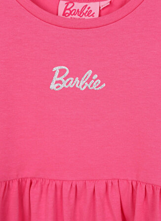 Barbie Pembe Kız Çocuk Bisiklet Yaka Kısa Kollu Diz Üstü Düz Elbise 23SSB-86