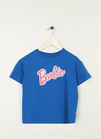 Barbie Saks Kız Çocuk Bisiklet Yaka Kısa Kollu Oversize Baskılı T-Shirt 23SSB-58