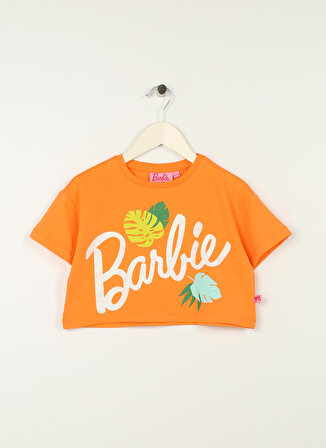 Barbie Turuncu Kız Çocuk Bisiklet Yaka Düşük Omuz Baskılı T-Shirt 23SSB-19